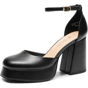 Dream Pairs Black-pu Polyurethane (PU) Closed Toe Block Pumps Ankle Strap Shoes